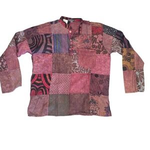 Kathmandu Imports Mens Large Patchwork Cotton Henley Shirt Boho Nepal Burgundy L